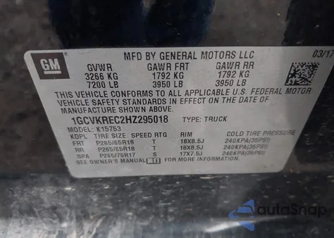 2017 Chevrolet Silverado 1500 2Lt z USA, uszkodzony, nr VIN 1GCVKREC2HZ295018